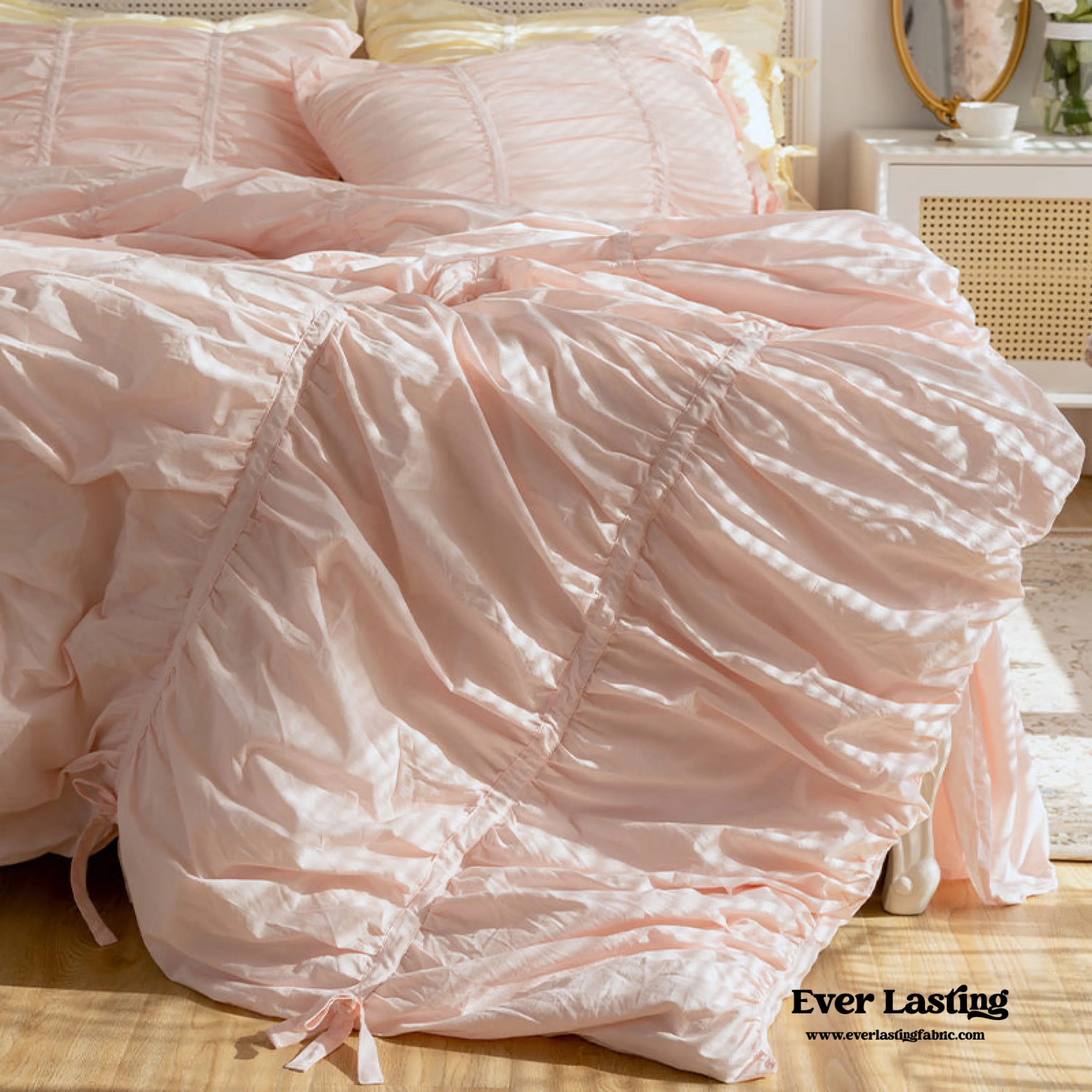 Coquette Ruffle Ribbon Ties Duvet Cover / White