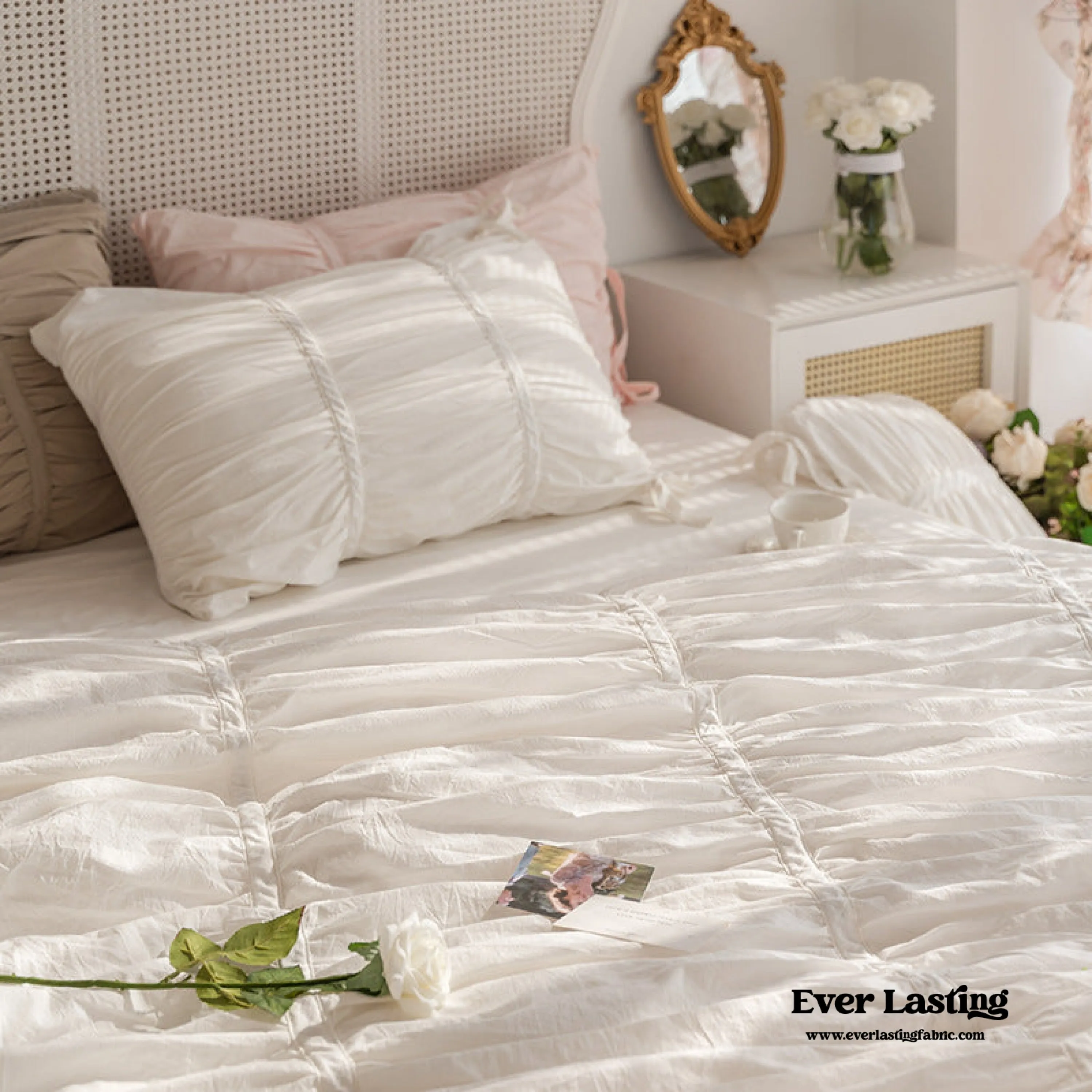 Coquette Ruffle Ribbon Ties Duvet Cover / White