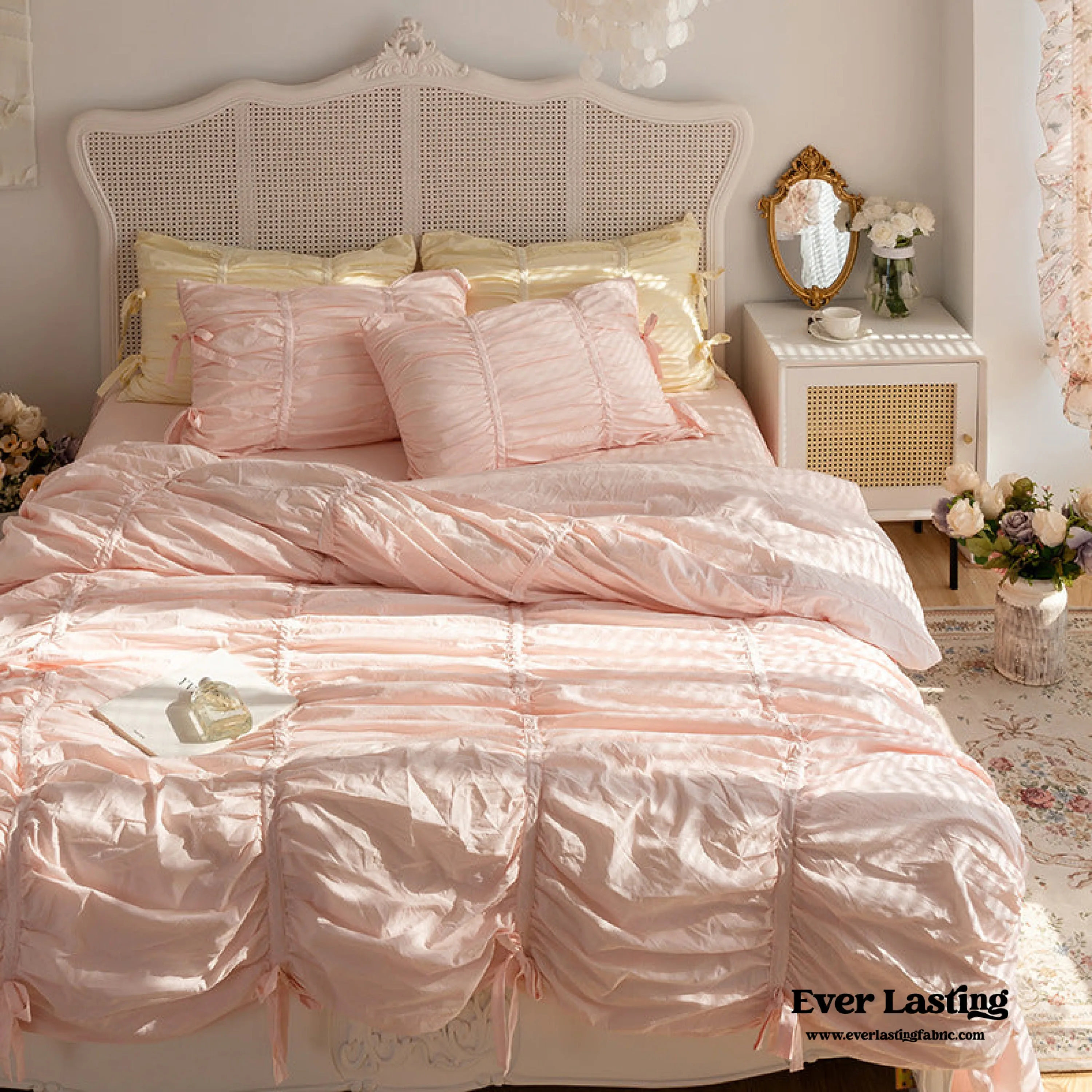 Coquette Ruffle Ribbon Ties Duvet Cover / White