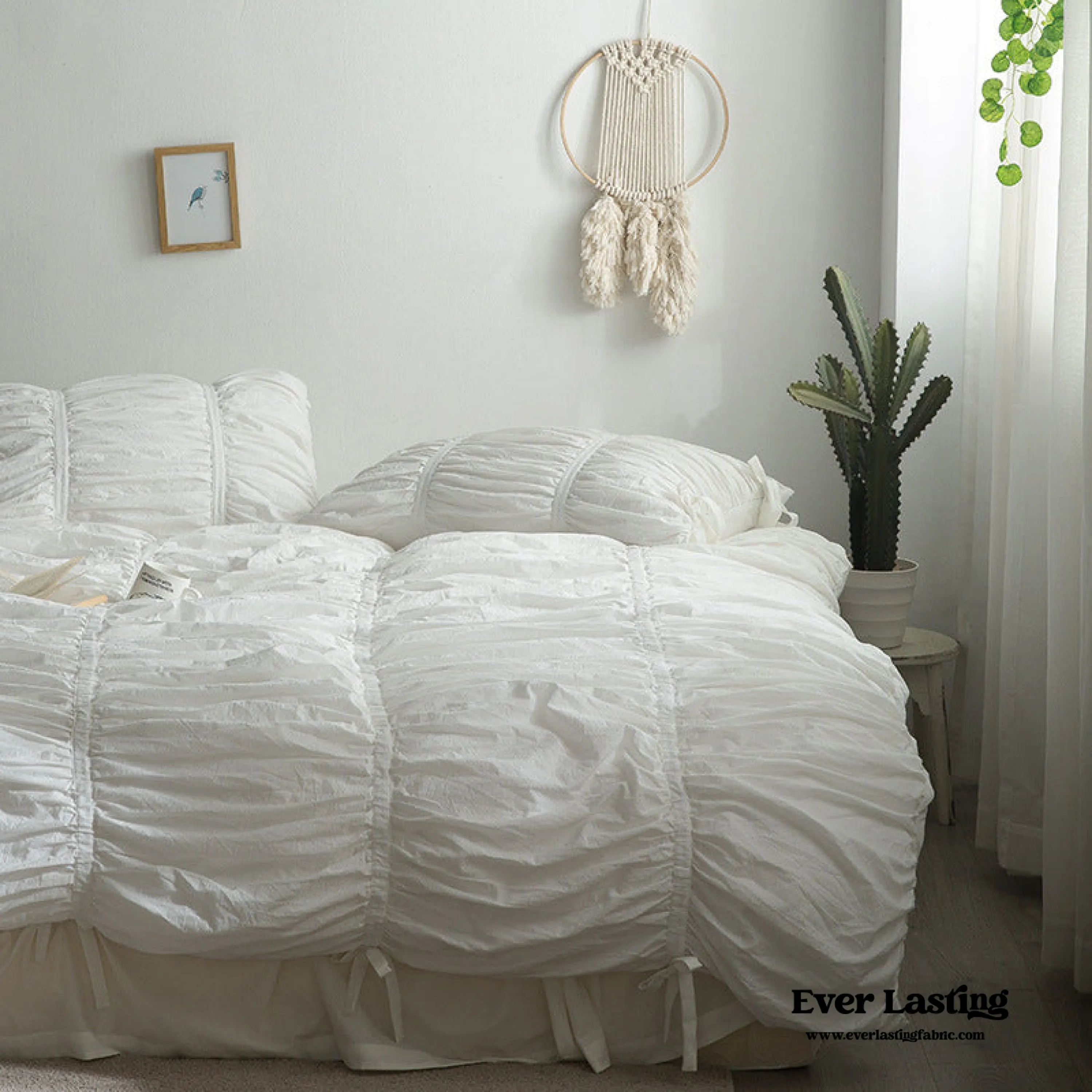 Coquette Ruffle Ribbon Ties Duvet Cover / White