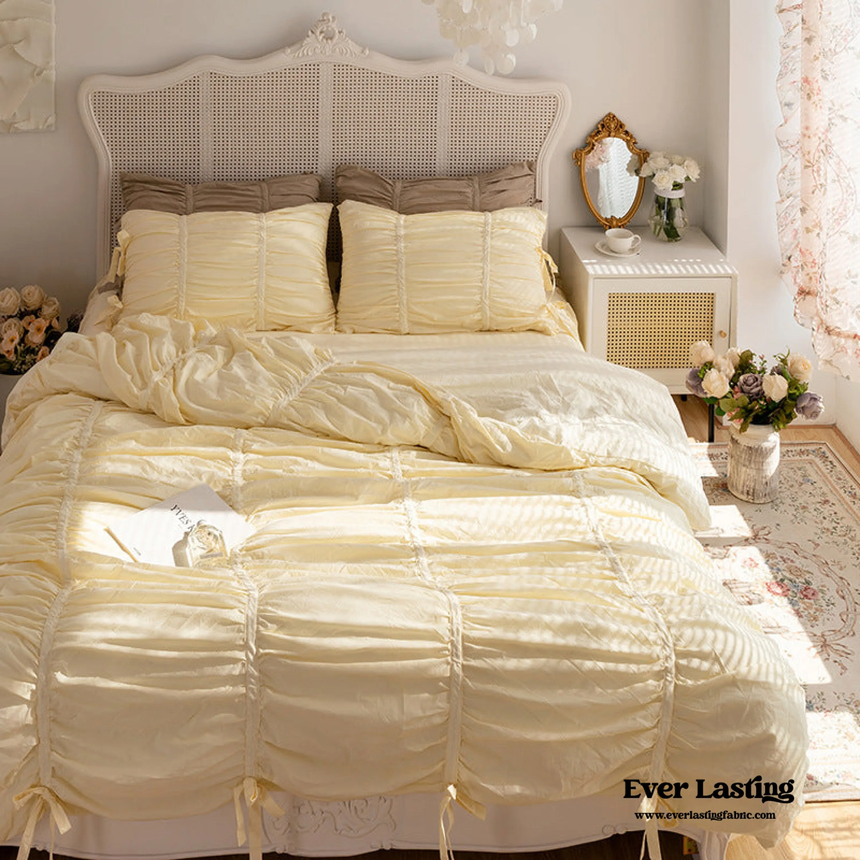 Coquette Ruffle Ribbon Ties Duvet Cover / White
