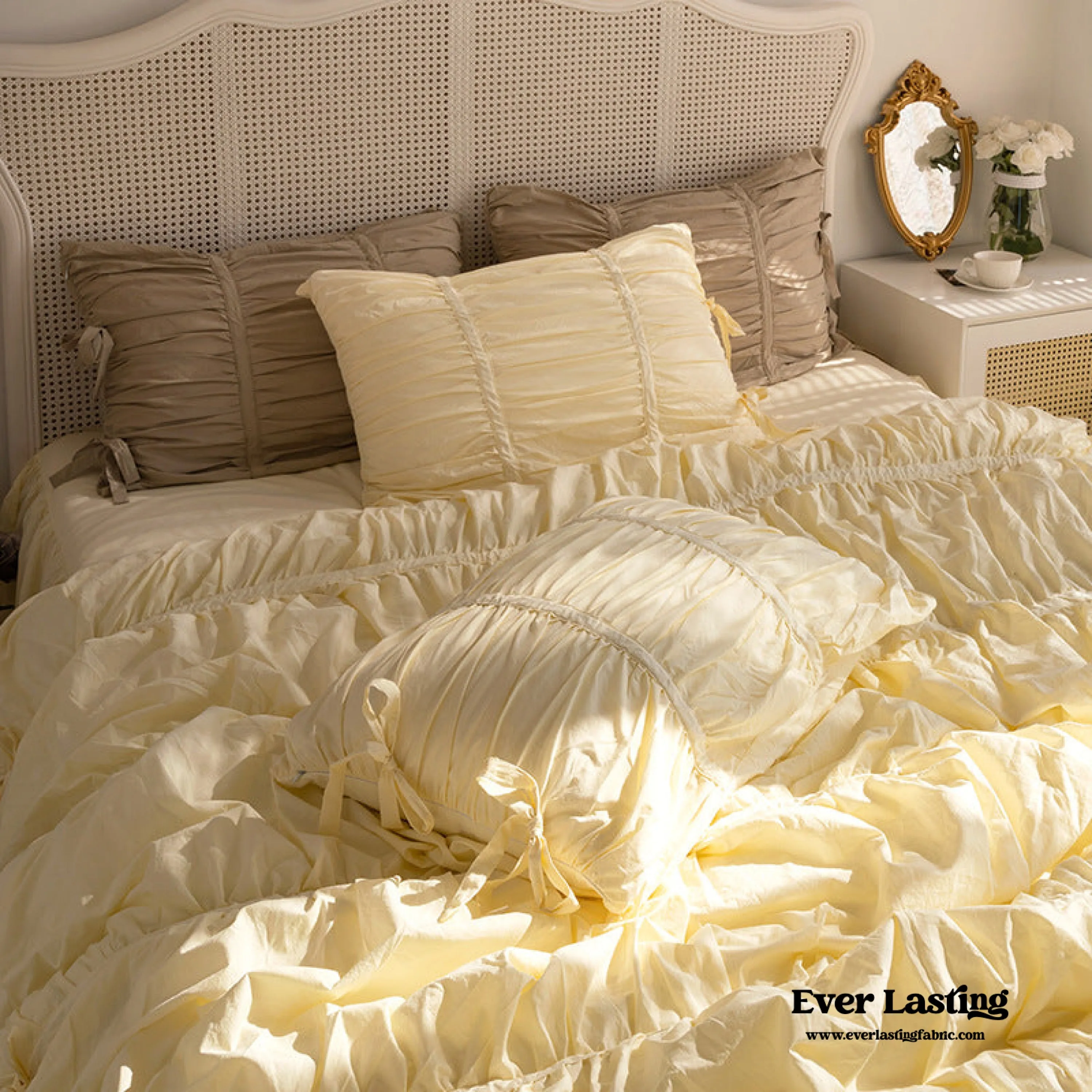 Coquette Ruffle Ribbon Ties Duvet Cover / White