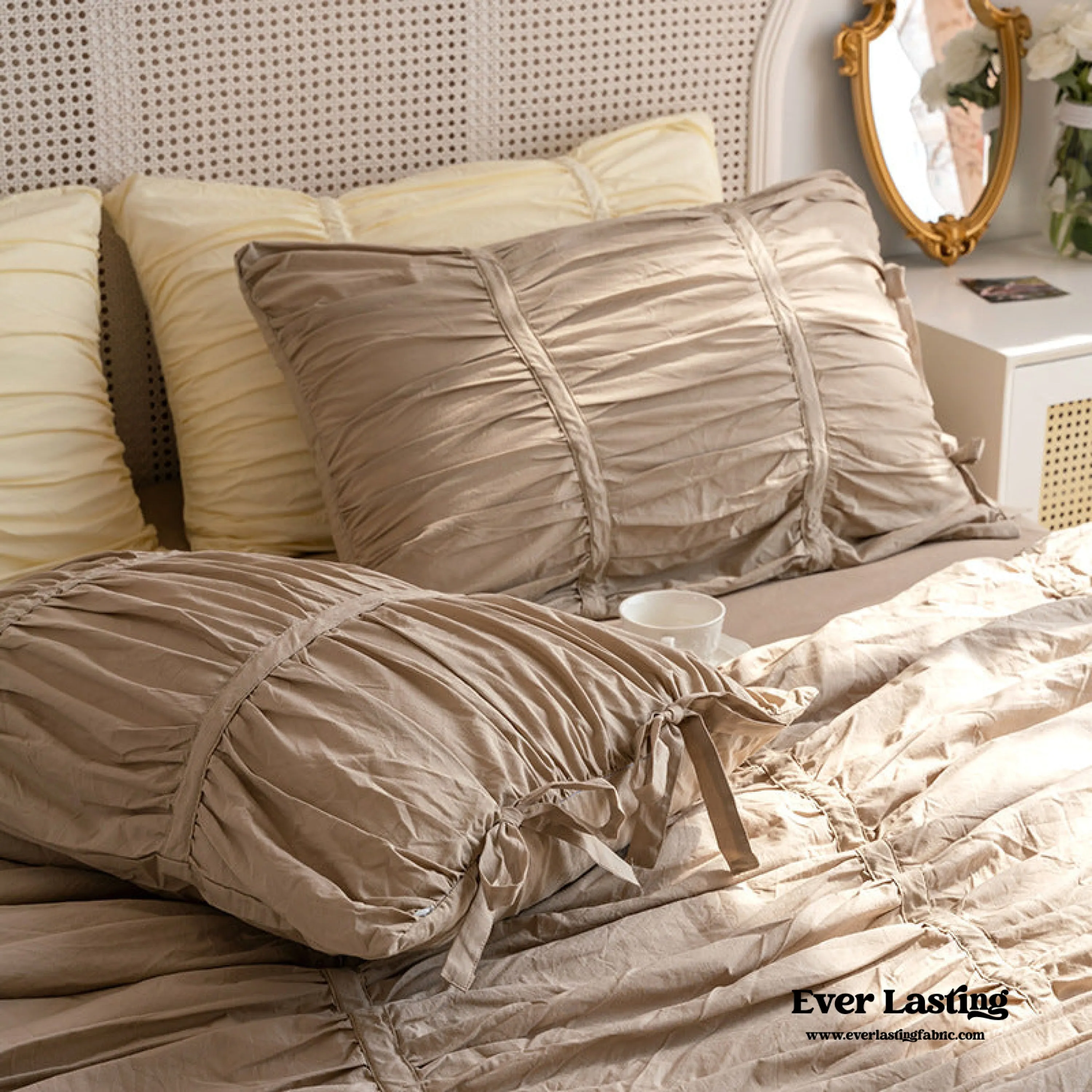 Coquette Ruffle Ribbon Ties Duvet Cover / White