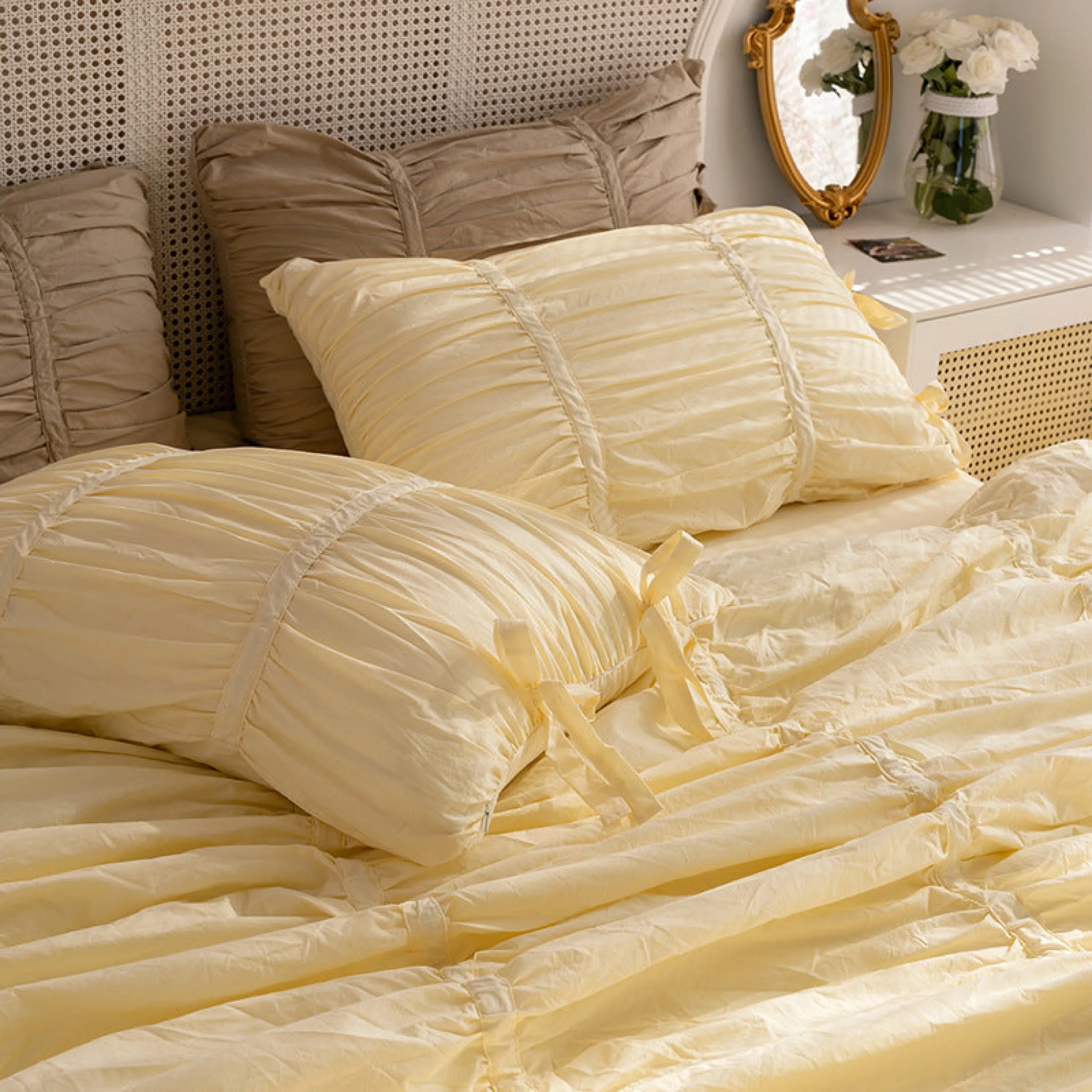 Coquette Ruffle Ribbon Ties Duvet Cover / White