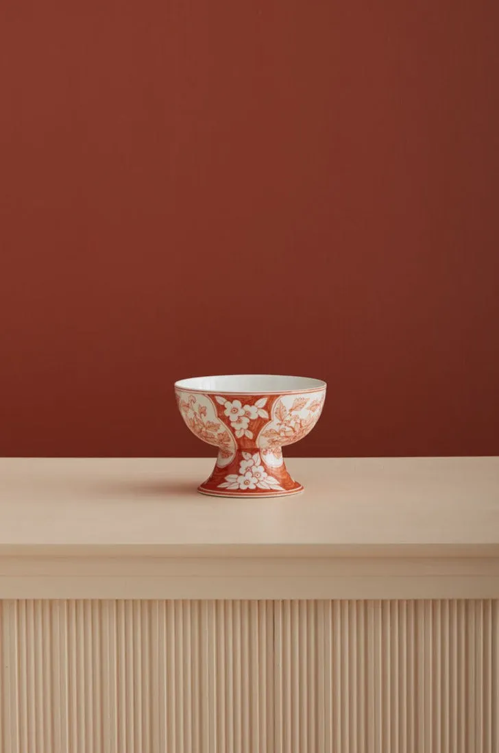 Coral Orange & White Hand Painted Chinoiserie Ceramic Elodie Compote Pedestal Dish
