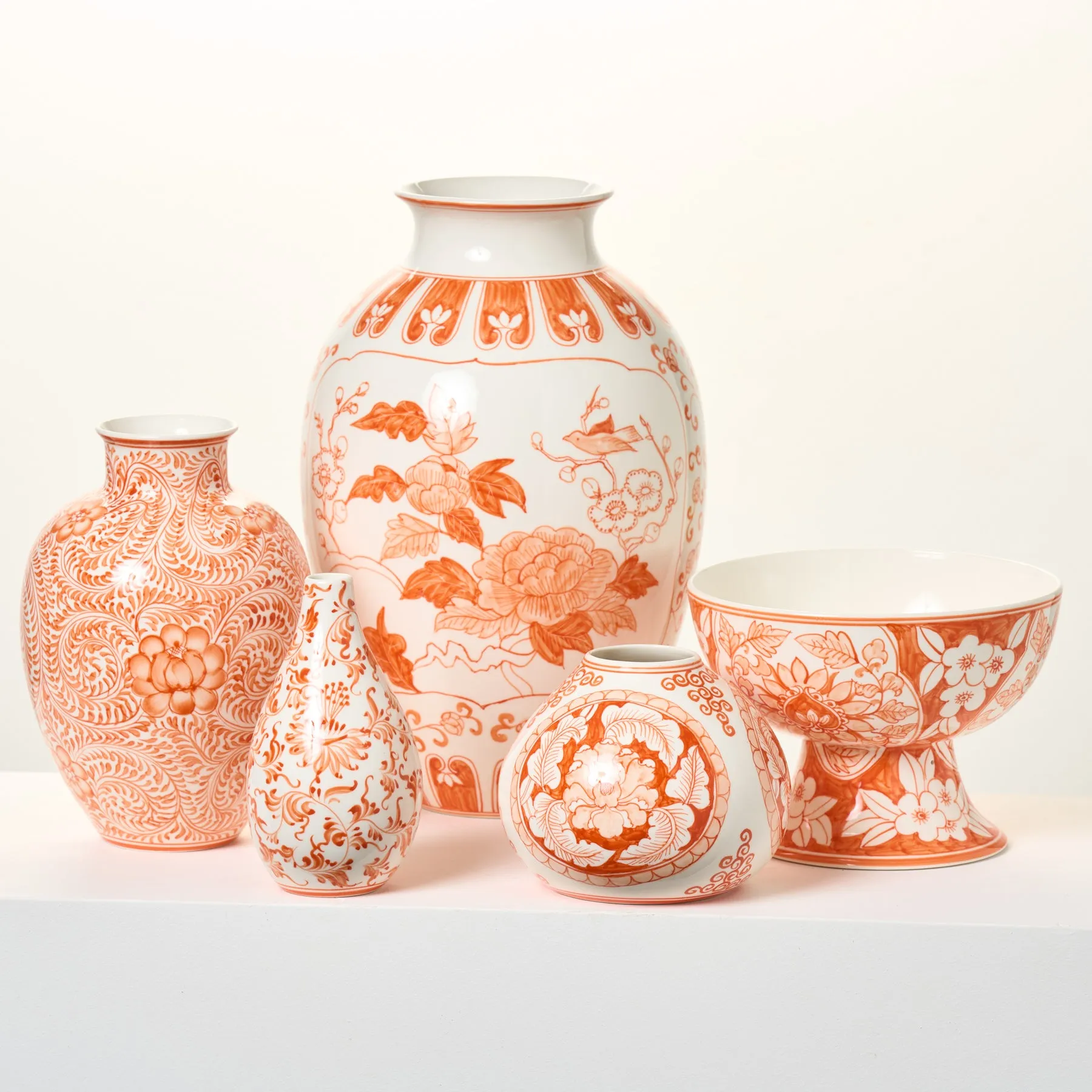 Coral Orange & White Hand Painted Chinoiserie Ceramic Elodie Compote Pedestal Dish