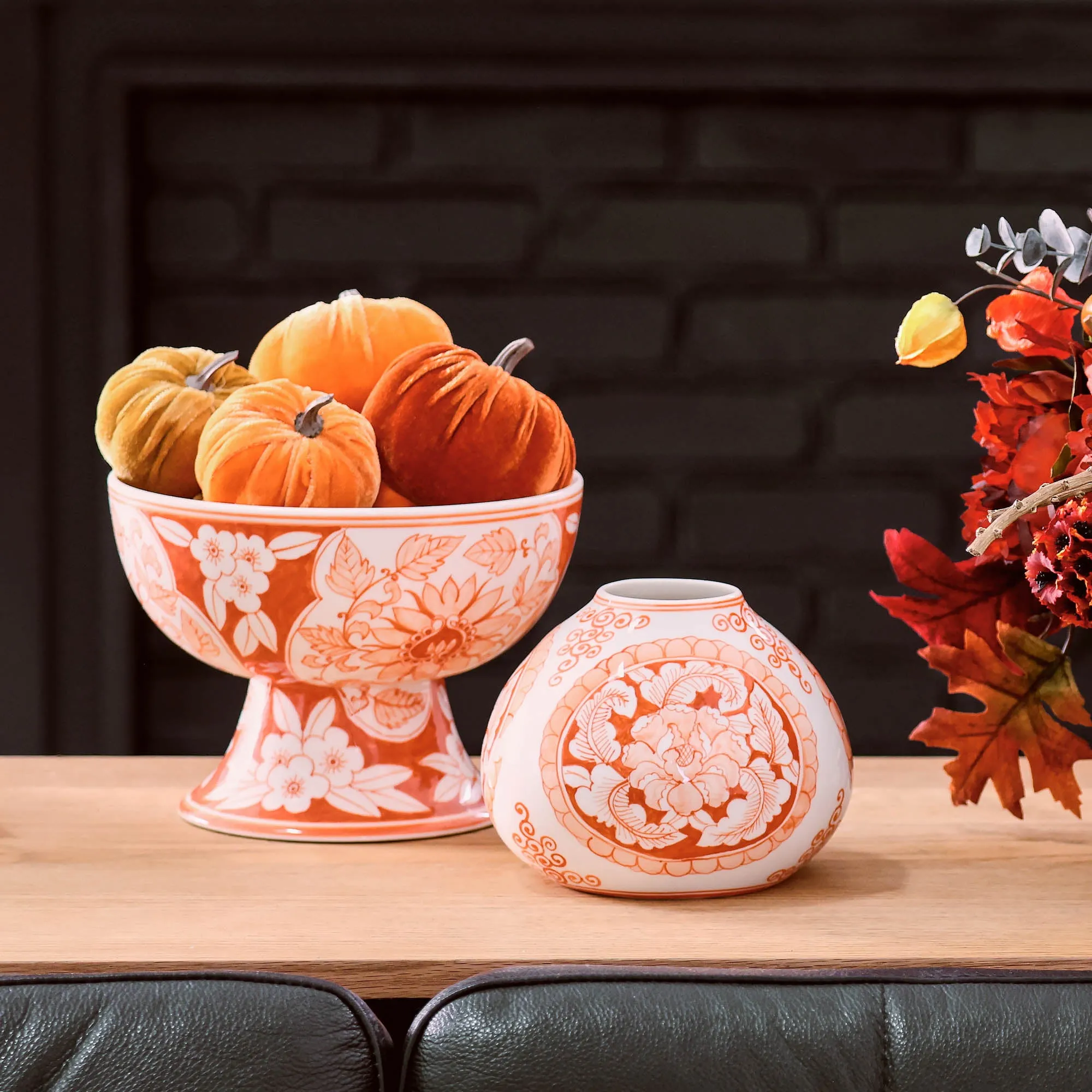 Coral Orange & White Hand Painted Chinoiserie Ceramic Elodie Compote Pedestal Dish