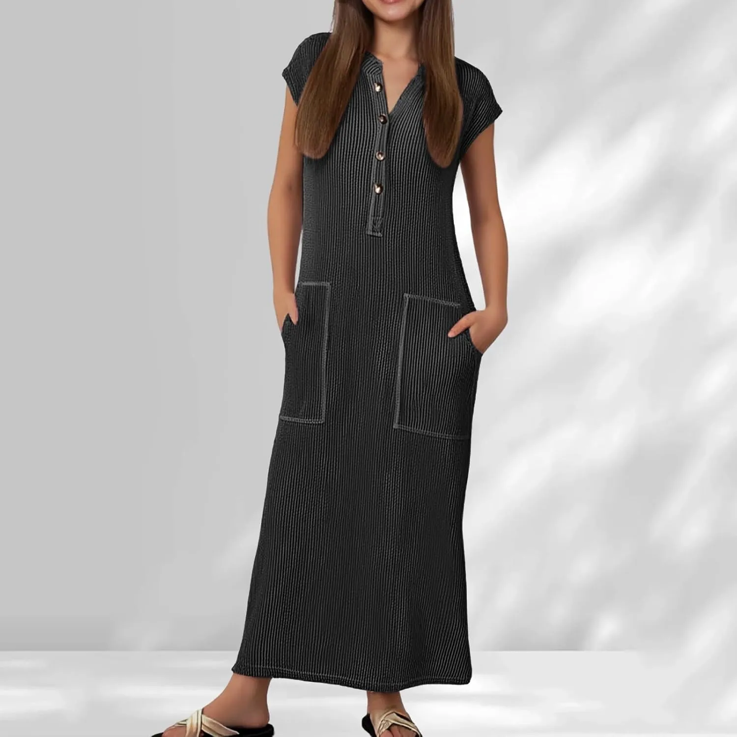 Cotton Dresses for Women 2025 Summer Vintage Maxi Short Sleeves Dress V Neck Long Dresses with Pockets Prom Sundress