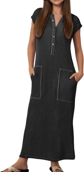 Cotton Dresses for Women 2025 Summer Vintage Maxi Short Sleeves Dress V Neck Long Dresses with Pockets Prom Sundress