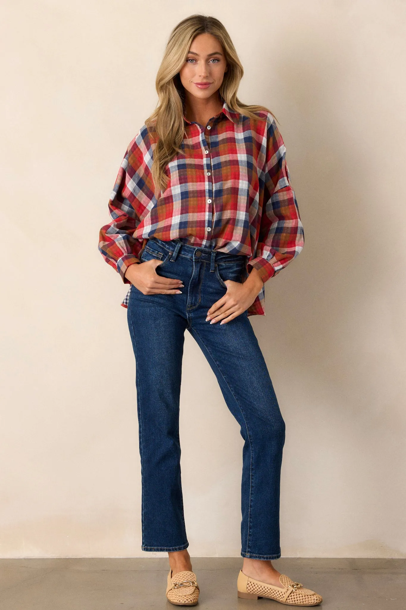 Doesn't Add Up Red Multi Plaid Top