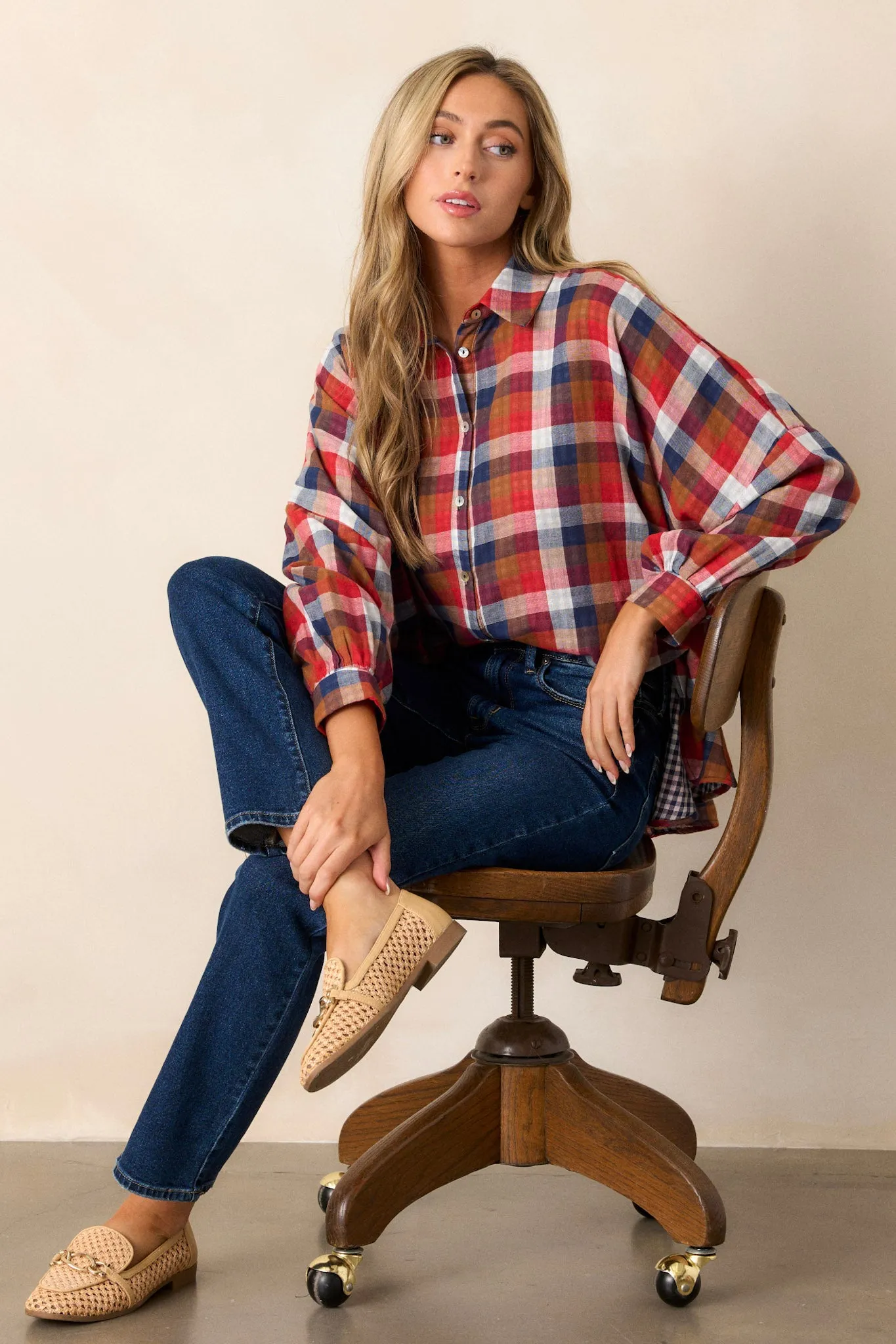 Doesn't Add Up Red Multi Plaid Top