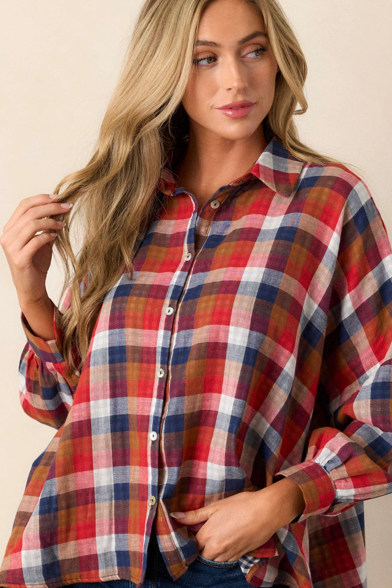Doesn't Add Up Red Multi Plaid Top