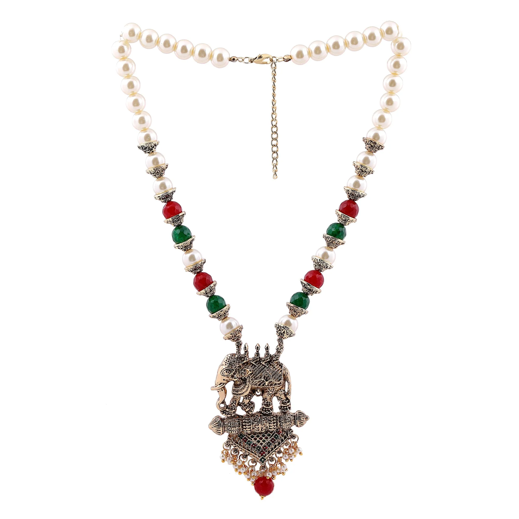 Estele Gold Plated Antique Adorable Elephant Pearl Necklace Set with Beads & Enamel for Women