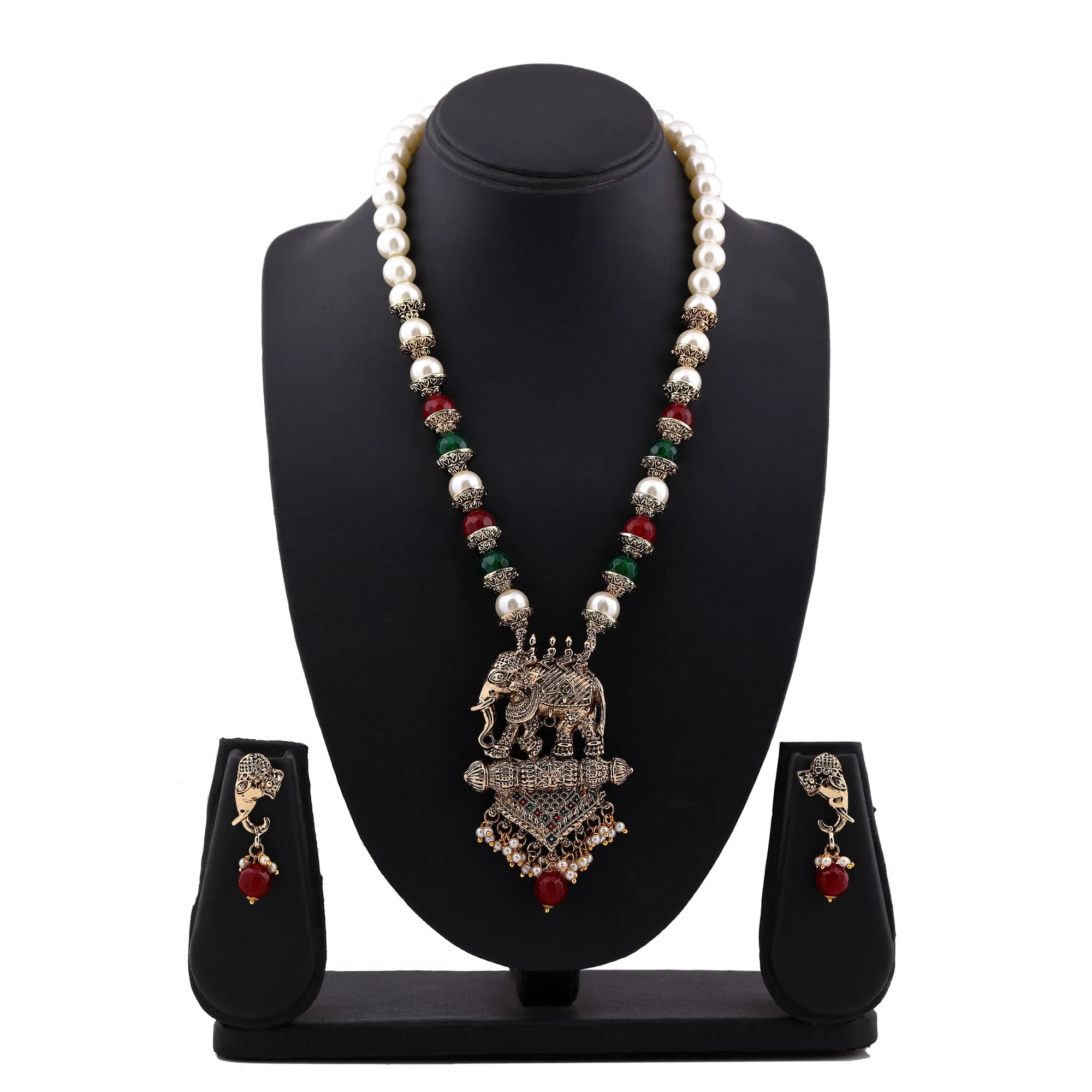Estele Gold Plated Antique Adorable Elephant Pearl Necklace Set with Beads & Enamel for Women