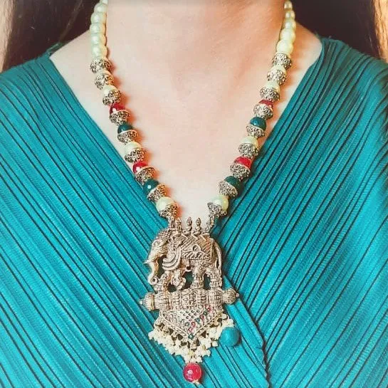 Estele Gold Plated Antique Adorable Elephant Pearl Necklace Set with Beads & Enamel for Women