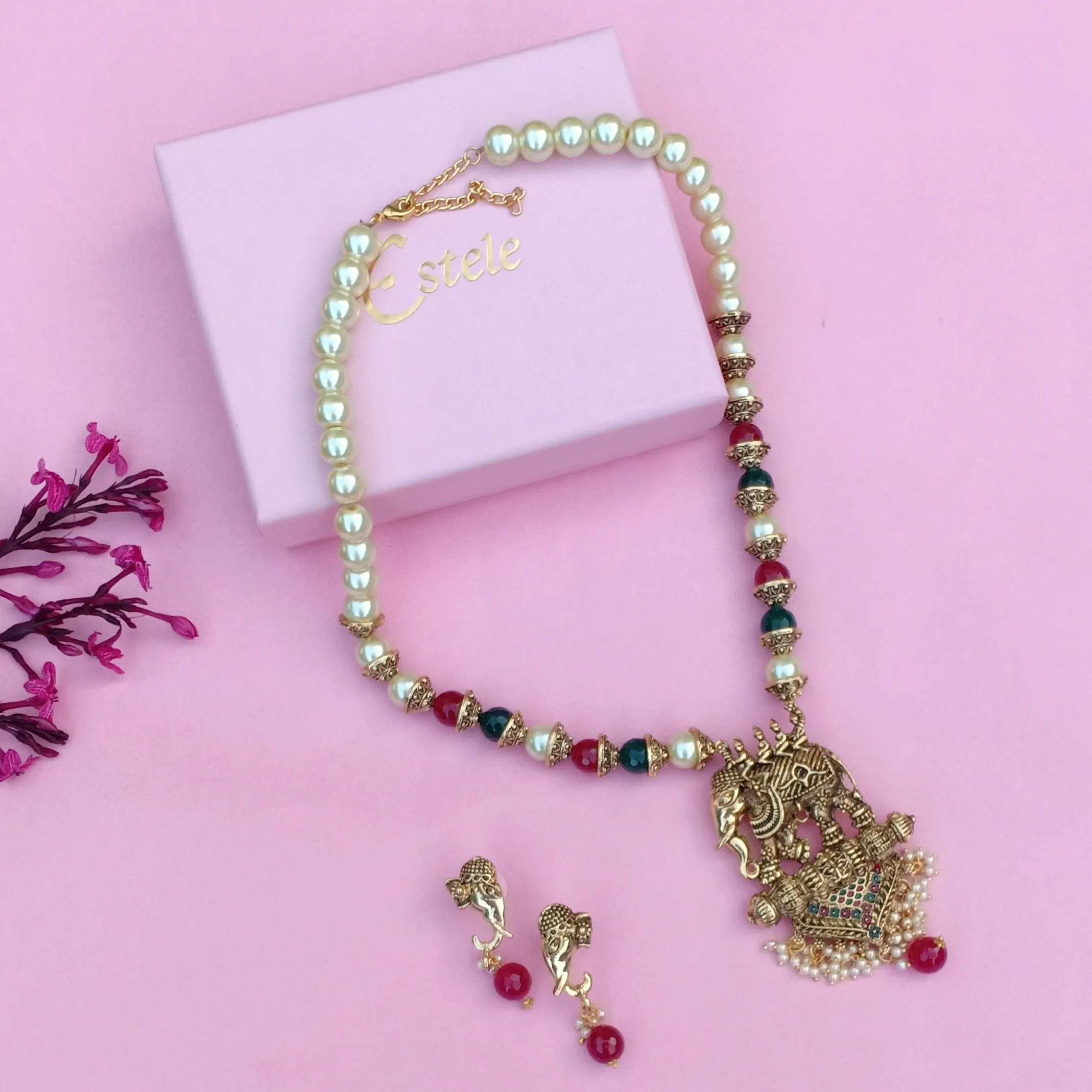 Estele Gold Plated Antique Adorable Elephant Pearl Necklace Set with Beads & Enamel for Women