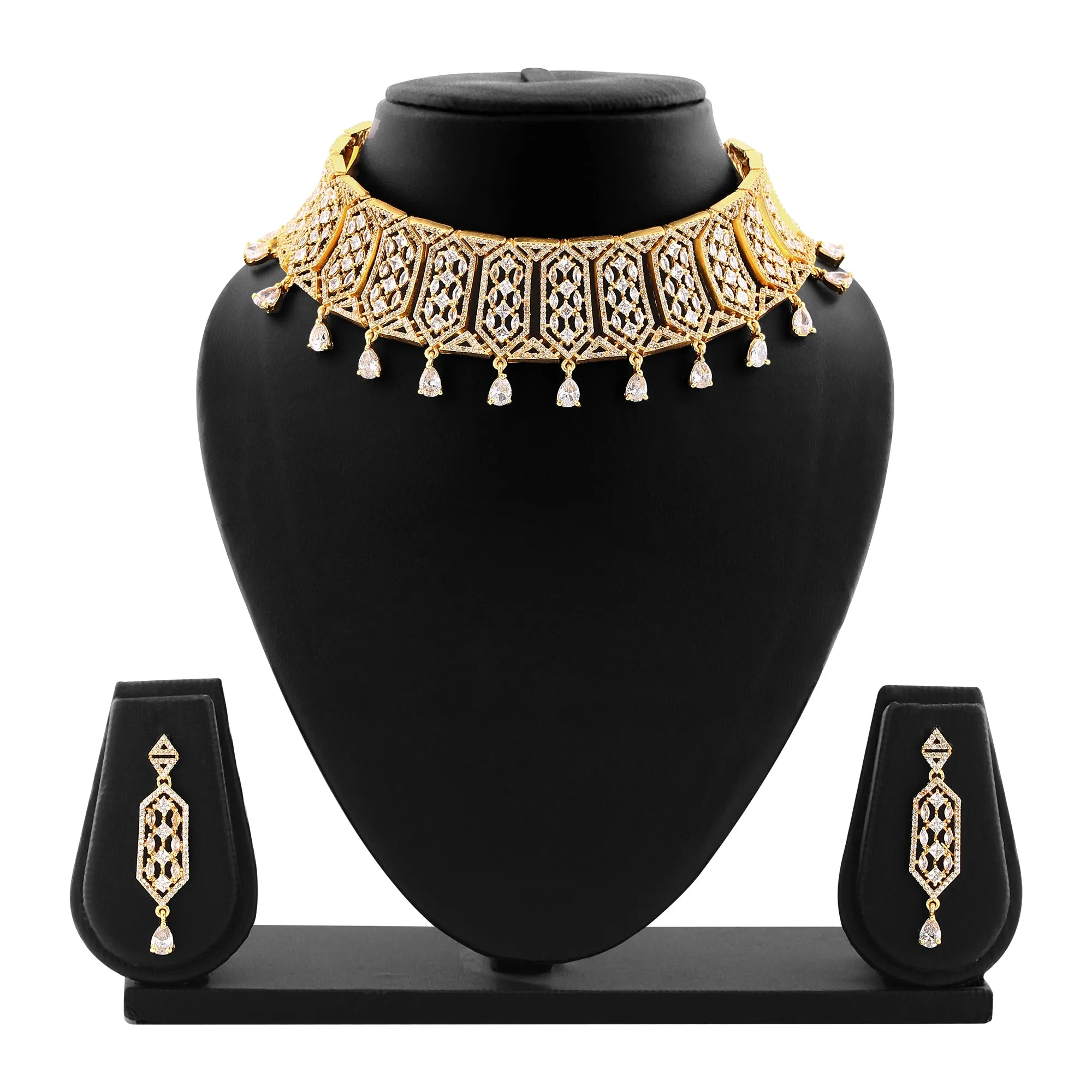 Estele Gold Plated CZ Lavish Luxe Designer Choker Style Necklace Set for Women