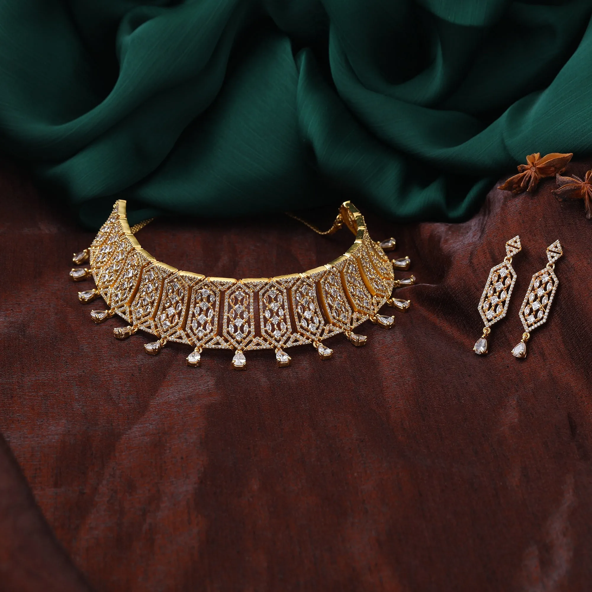 Estele Gold Plated CZ Lavish Luxe Designer Choker Style Necklace Set for Women