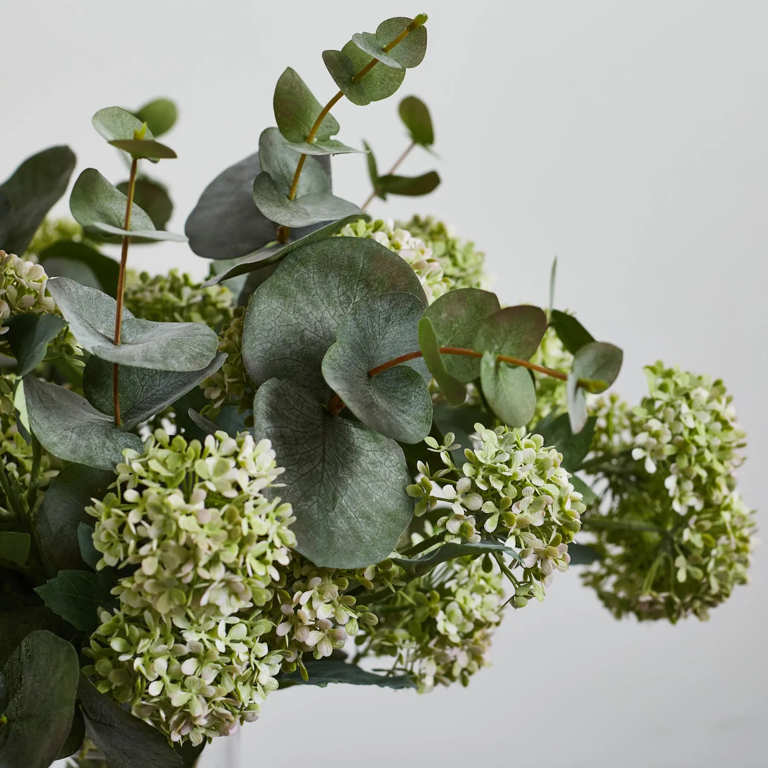 Eucalyptus & Snowball Large Everyday Spring Summer Floral Arrangement in Tall Glass Vase