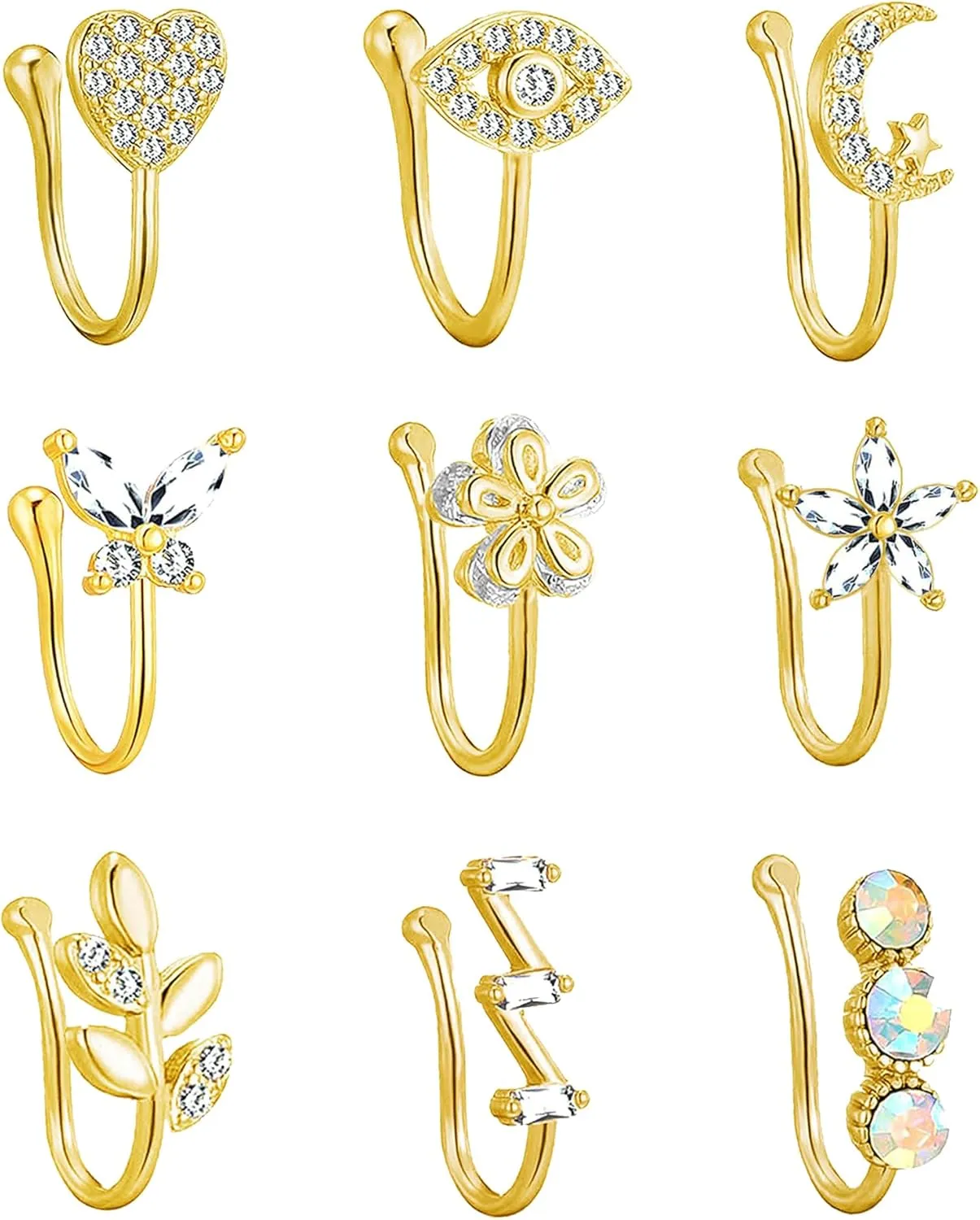 Fake Nose Ring Hoop Fake Nose Stud Magnetic Septum Nose Ring Stud Stainless Steel CZ Fake Nose Piercing Stud Faux Nose Ear Lip Cuffs Non Pierced Jewelry for Women Men