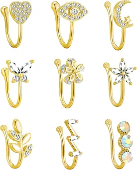 Fake Nose Ring Hoop Fake Nose Stud Magnetic Septum Nose Ring Stud Stainless Steel CZ Fake Nose Piercing Stud Faux Nose Ear Lip Cuffs Non Pierced Jewelry for Women Men