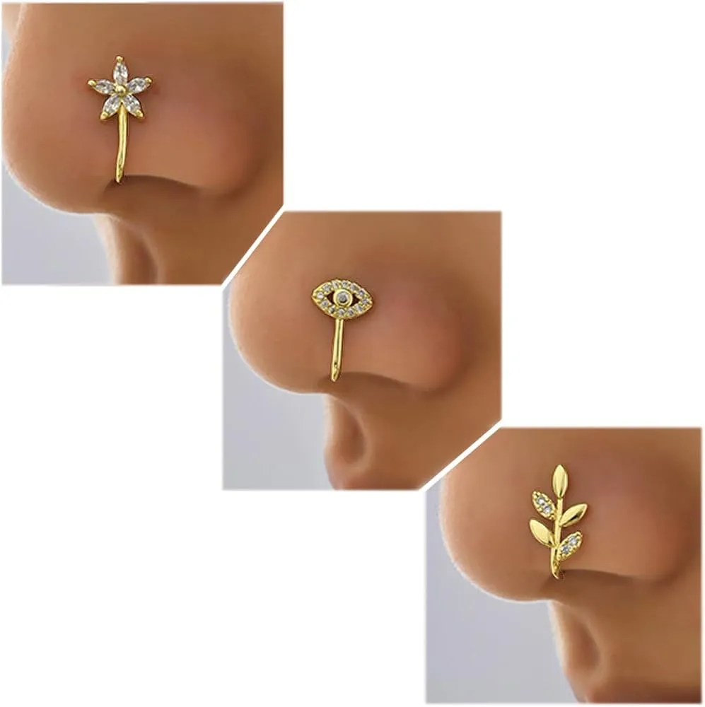 Fake Nose Ring Hoop Fake Nose Stud Magnetic Septum Nose Ring Stud Stainless Steel CZ Fake Nose Piercing Stud Faux Nose Ear Lip Cuffs Non Pierced Jewelry for Women Men
