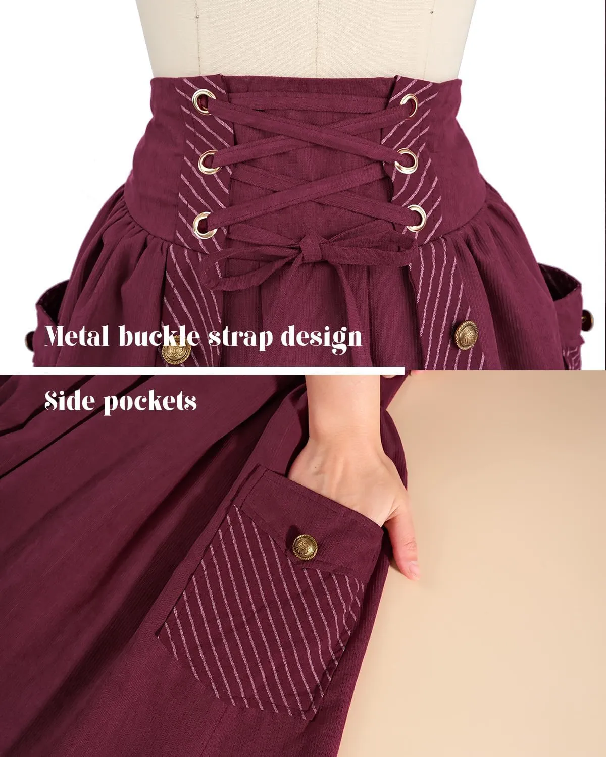 FCCAM Renaissance Skirts for Women 1800s Long Victorian Skirt Double-Layer with Pockets