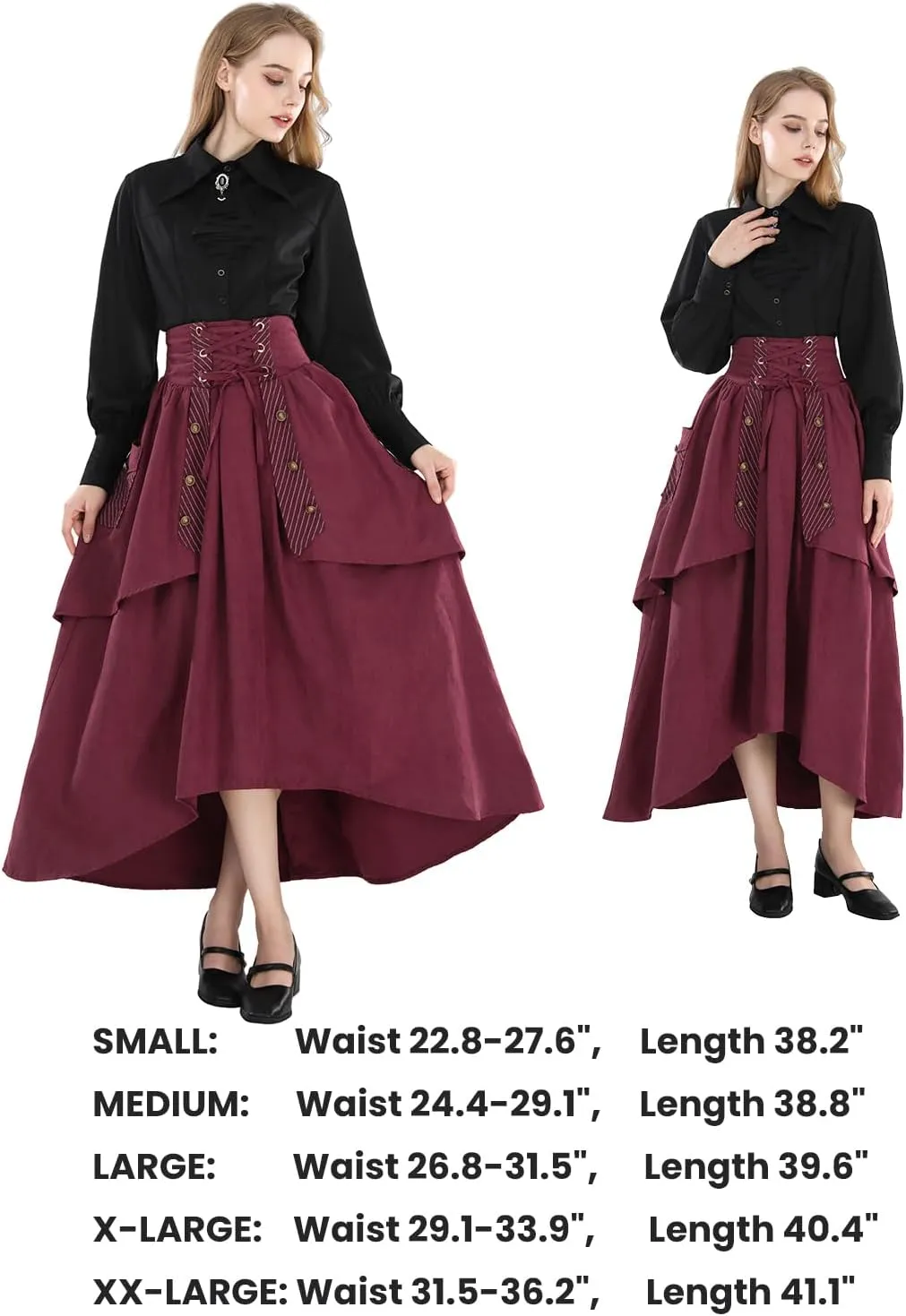 FCCAM Renaissance Skirts for Women 1800s Long Victorian Skirt Double-Layer with Pockets