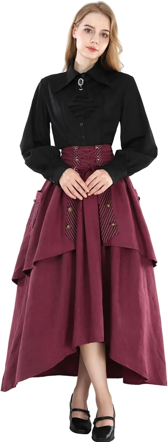 FCCAM Renaissance Skirts for Women 1800s Long Victorian Skirt Double-Layer with Pockets