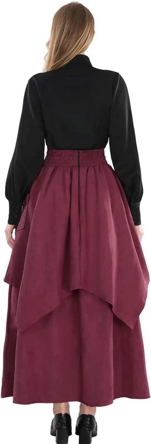 FCCAM Renaissance Skirts for Women 1800s Long Victorian Skirt Double-Layer with Pockets