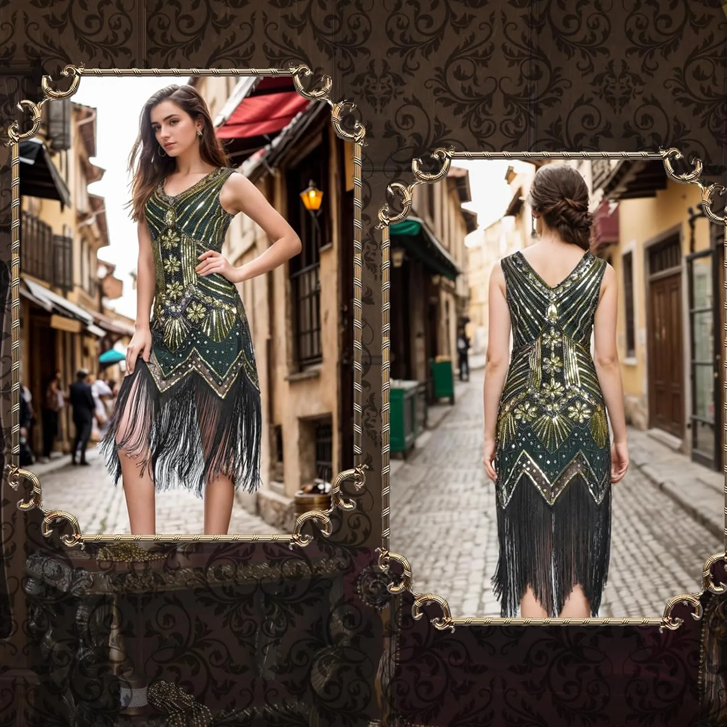 FEPITO 1920s Flapper Dresses for Women, Fringed Sequin Great Gatsby Dress for Women with 20s Accessories, Roaring 20s Costume