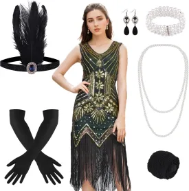 FEPITO 1920s Flapper Dresses for Women, Fringed Sequin Great Gatsby Dress for Women with 20s Accessories, Roaring 20s Costume