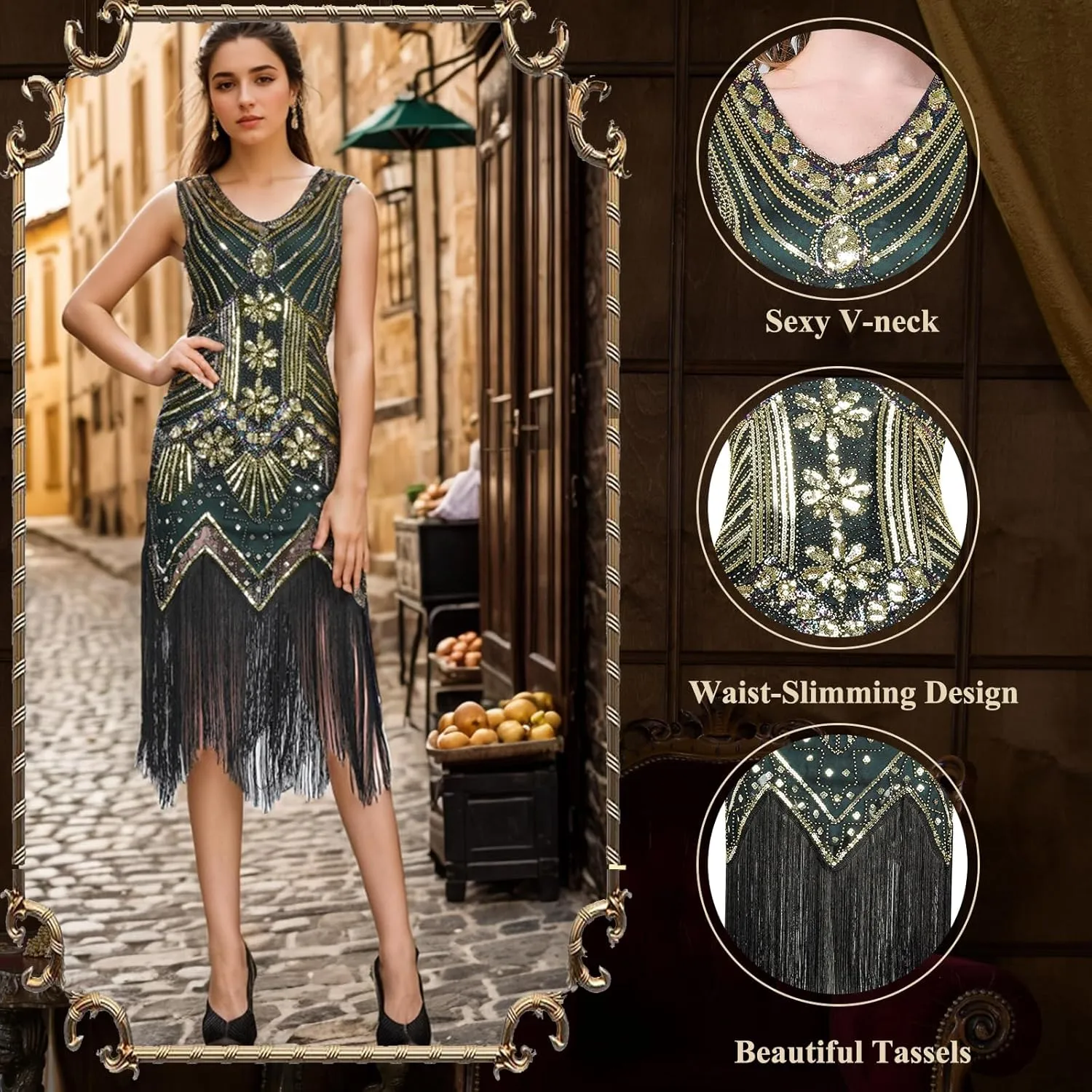 FEPITO 1920s Flapper Dresses for Women, Fringed Sequin Great Gatsby Dress for Women with 20s Accessories, Roaring 20s Costume