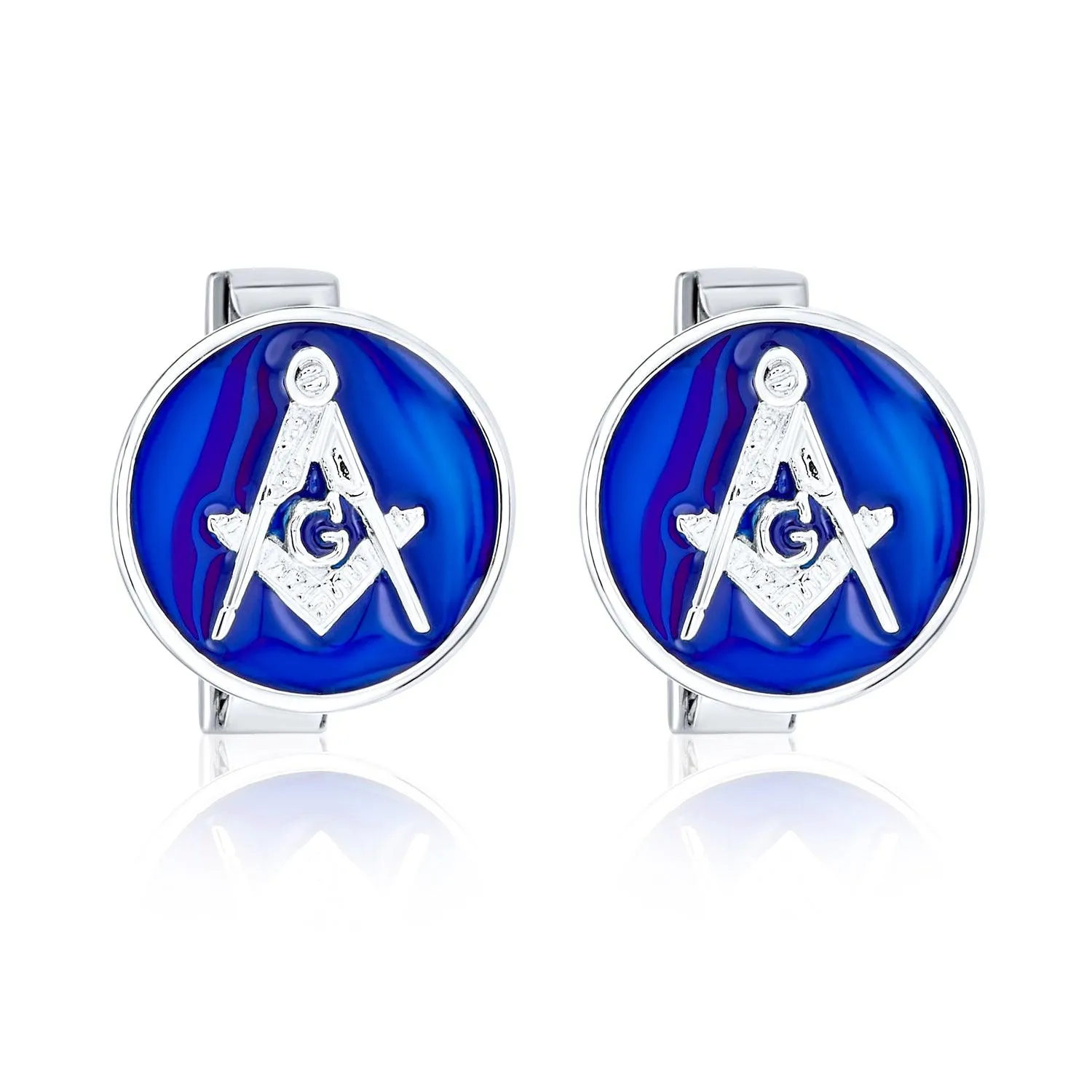 Freemasons Masonic Compass Circle Cufflinks Blue Sterling Silver