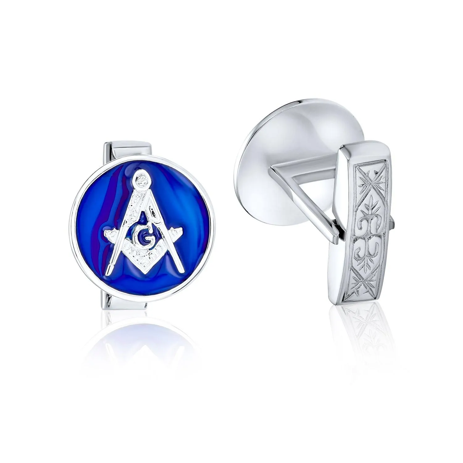 Freemasons Masonic Compass Circle Cufflinks Blue Sterling Silver