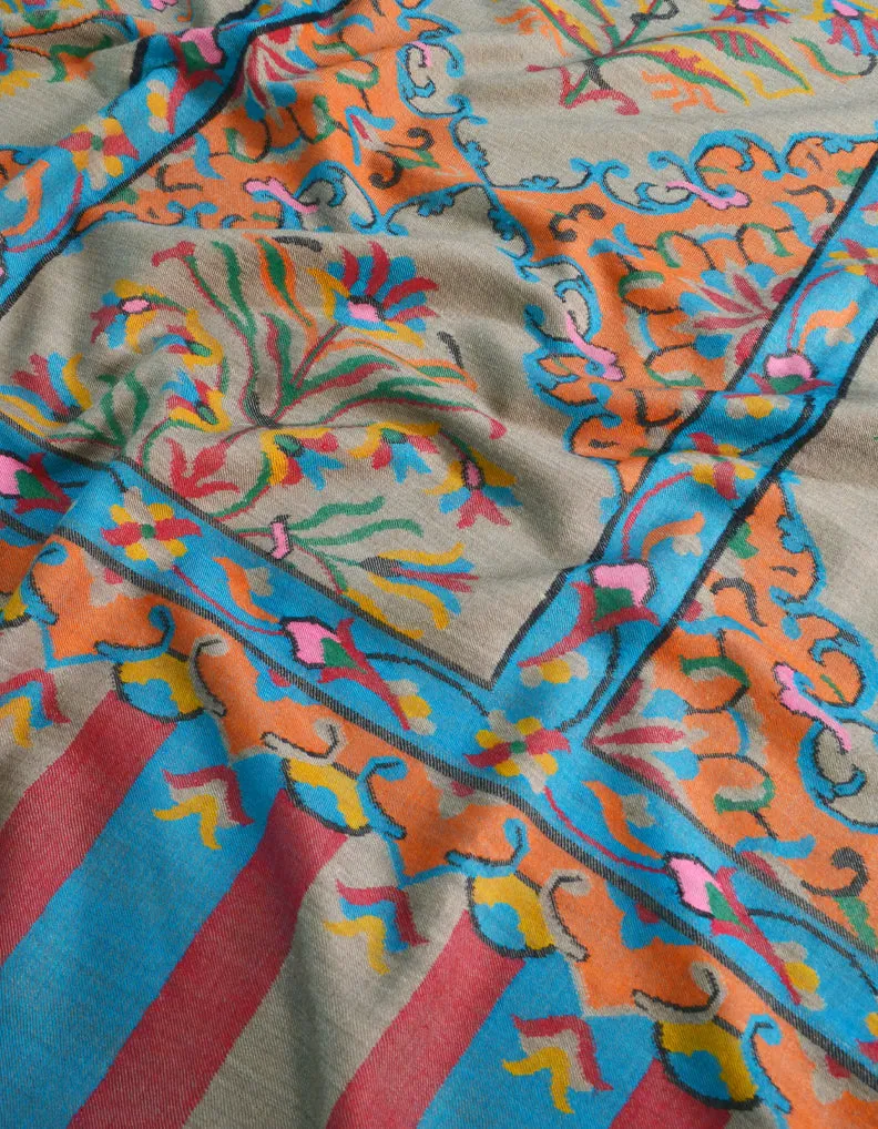Grey, Orange, Blue Kani Pashmina 5432