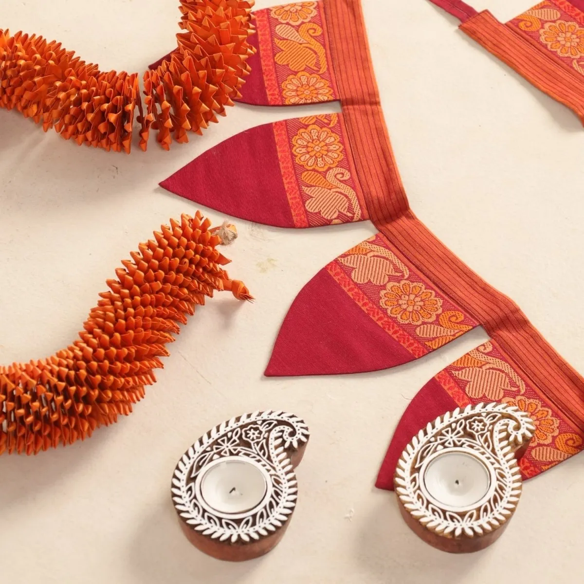 Handmade Cotton Fabric Toran, Engraved Diyas (2 pcs) with Orange festive door hangings (2pcs) Combo Set | Festive Decor Item | Handmade in India