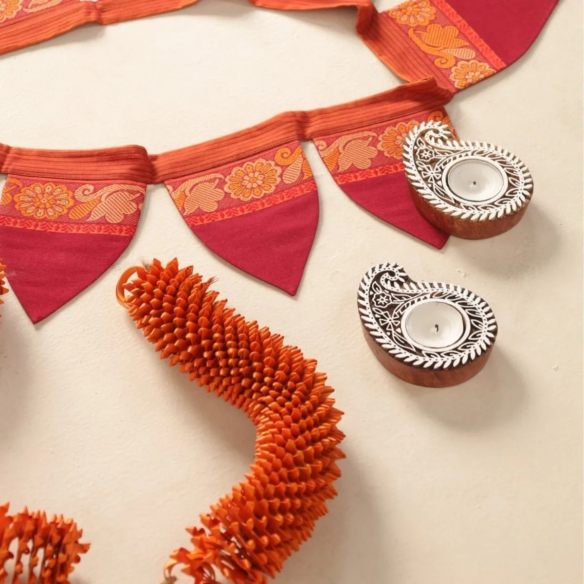 Handmade Cotton Fabric Toran, Engraved Diyas (2 pcs) with Orange festive door hangings (2pcs) Combo Set | Festive Decor Item | Handmade in India