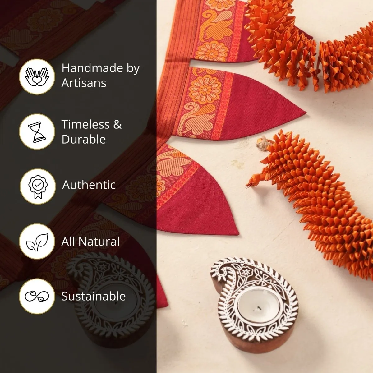 Handmade Cotton Fabric Toran, Engraved Diyas (2 pcs) with Orange festive door hangings (2pcs) Combo Set | Festive Decor Item | Handmade in India