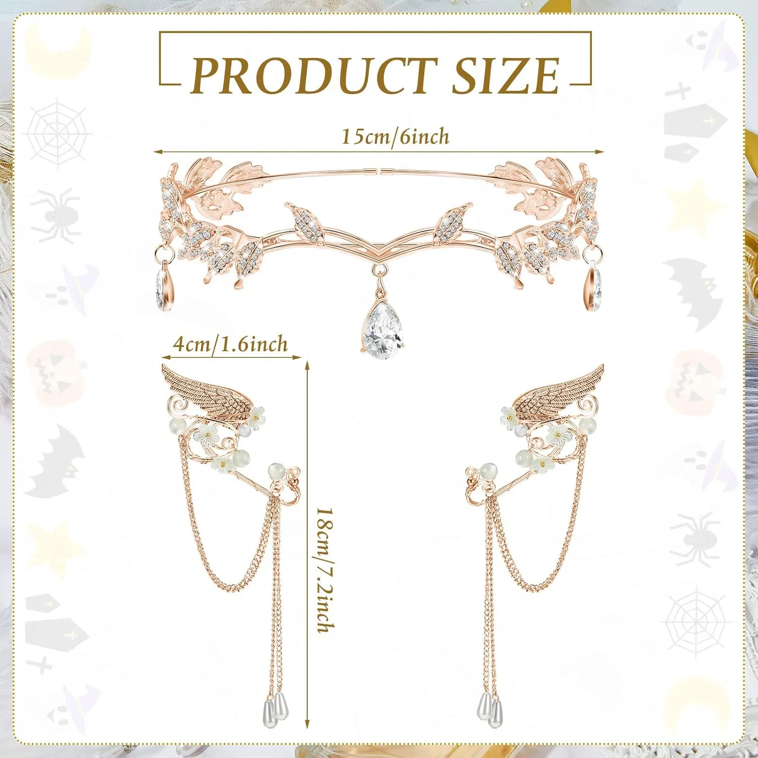 Hicarer 3 Pcs Halloween Rhinestone Leaf Headband Metal Elf Ears Fairy Costume Crown Princess Cosplay for Women(Rose Gold)