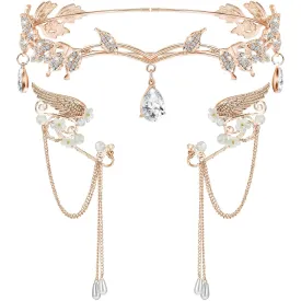 Hicarer 3 Pcs Halloween Rhinestone Leaf Headband Metal Elf Ears Fairy Costume Crown Princess Cosplay for Women(Rose Gold)