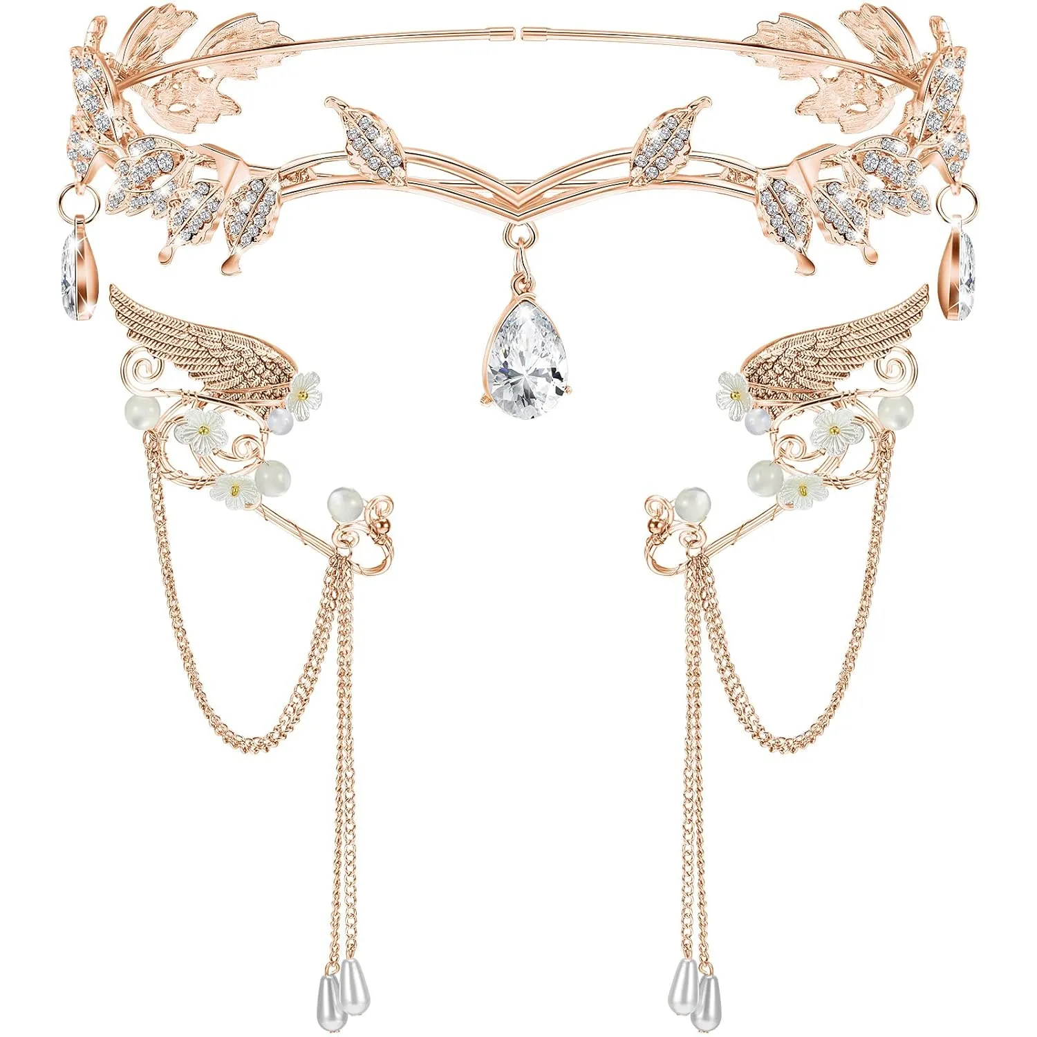 Hicarer 3 Pcs Halloween Rhinestone Leaf Headband Metal Elf Ears Fairy Costume Crown Princess Cosplay for Women(Rose Gold)