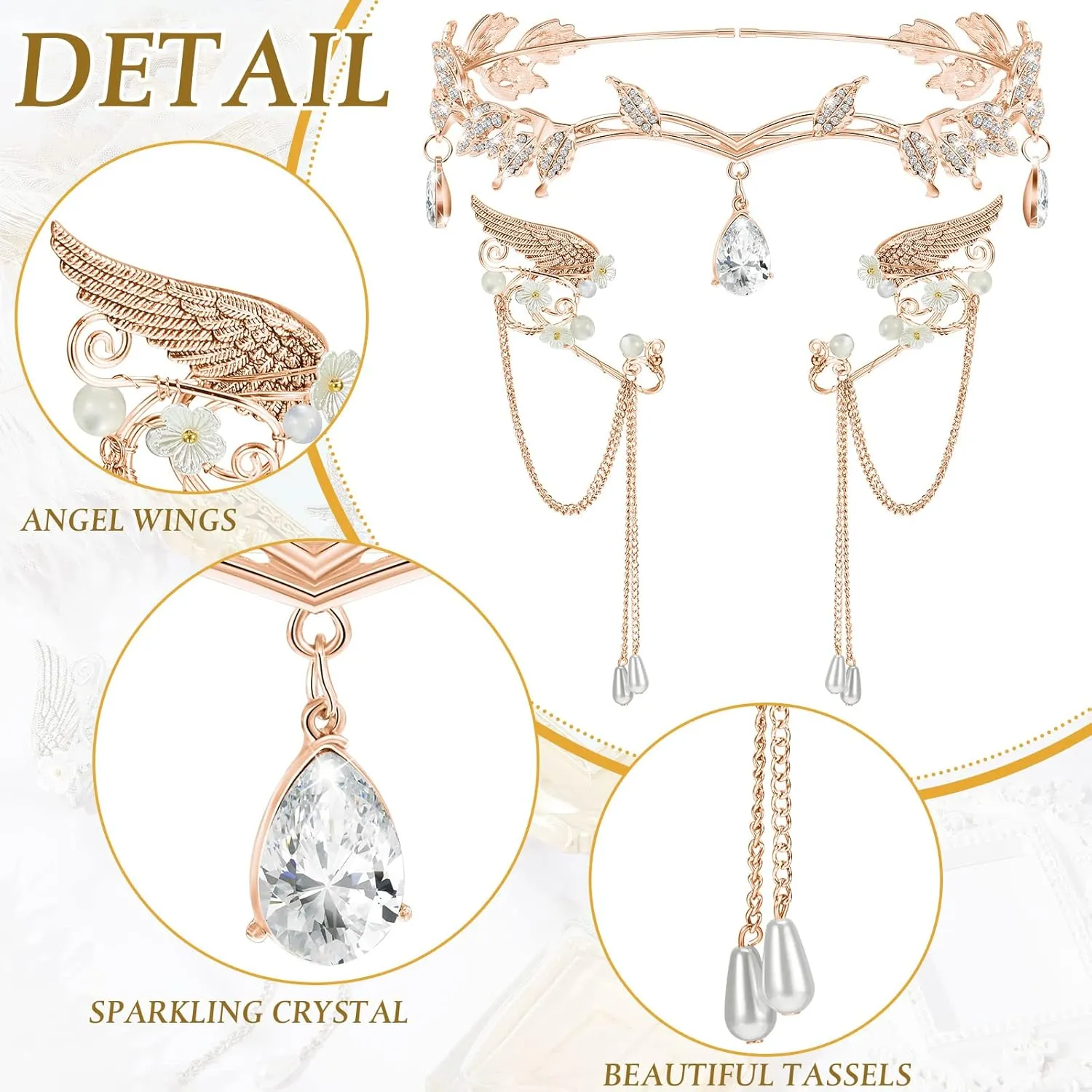 Hicarer 3 Pcs Halloween Rhinestone Leaf Headband Metal Elf Ears Fairy Costume Crown Princess Cosplay for Women(Rose Gold)