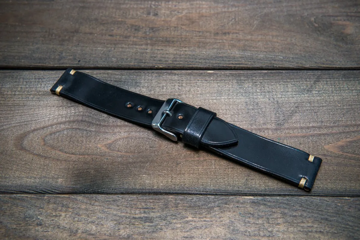 Horween Shell Cordovan leather watch strap, Black. Handmade in Finland - 10 mm, 12 mm, 14 mm, 16mm, 17 mm, 18mm, 19 mm, 20mm, 21 mm, 22mm, 23 mm, 24mm, 25 mm, 26 mm.