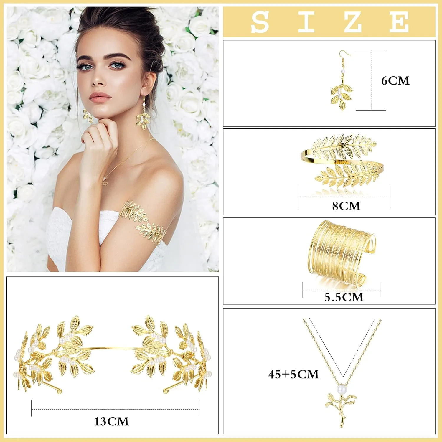 JeryWe Greek Goddess Costume Accessories Set for Women Golden Laurel Leaf Crown Headband Upper Arm Cuff Coil Bracelet Pearl Leaf Dangle Earring Bridal Wedding Headpiece Costume