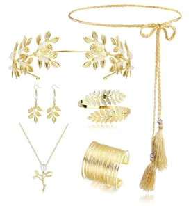 JeryWe Greek Goddess Costume Accessories Set for Women Golden Laurel Leaf Crown Headband Upper Arm Cuff Coil Bracelet Pearl Leaf Dangle Earring Bridal Wedding Headpiece Costume