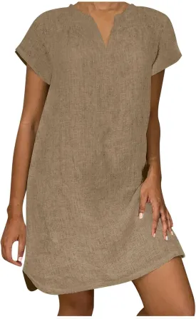 JOAU Womens Cotton Linen Shirt Dress Summer Casual Short Sleeve Notched V Neck Beach Cover Up Knee Length Vacation Dresses