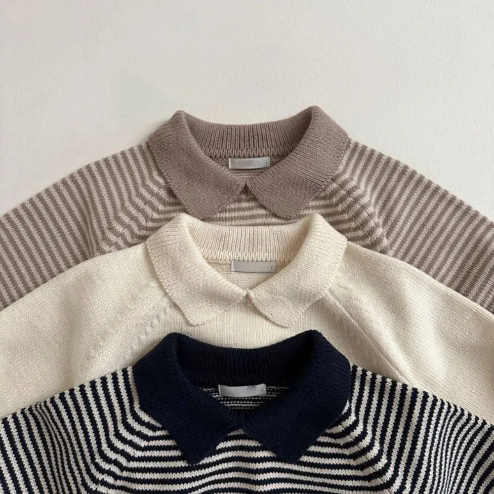 Lapel Striped Knit Sweater