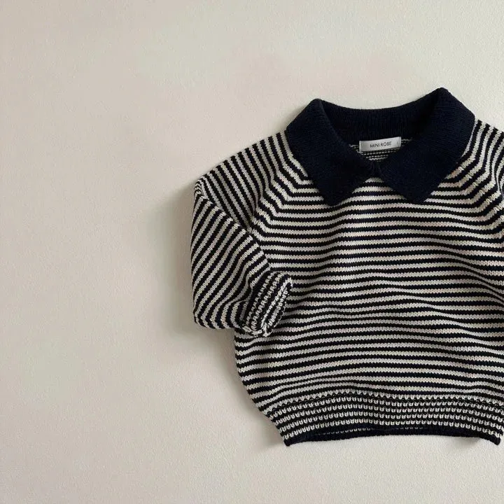 Lapel Striped Knit Sweater