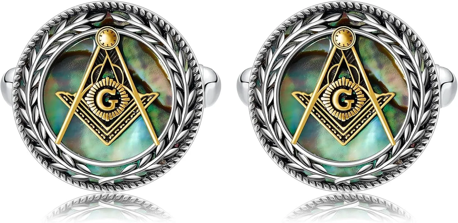 Masonic Cuff Links for Men Sterling Silver Abalone Shell Masonic Button Covers Freemason Cufflinks Freemasonry Jewelry for Men